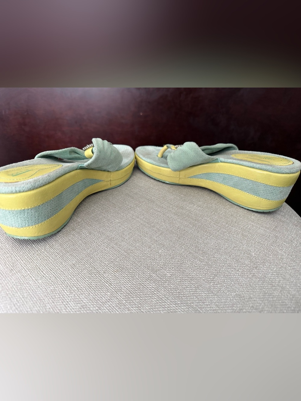 Donald J. Pliner Misty Green & Yellow Thong Wedge Sandals with Decorative Buckle - Picture 13 of 14